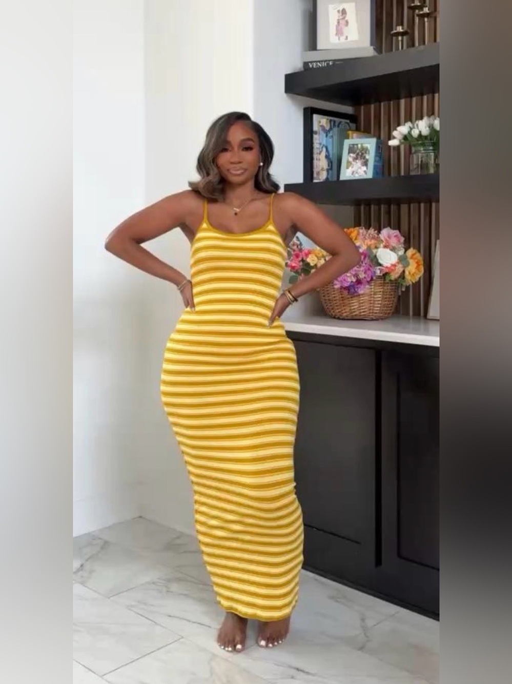 AFRM Yellow Striped Spaghetti‑Strap Maxi Dress
